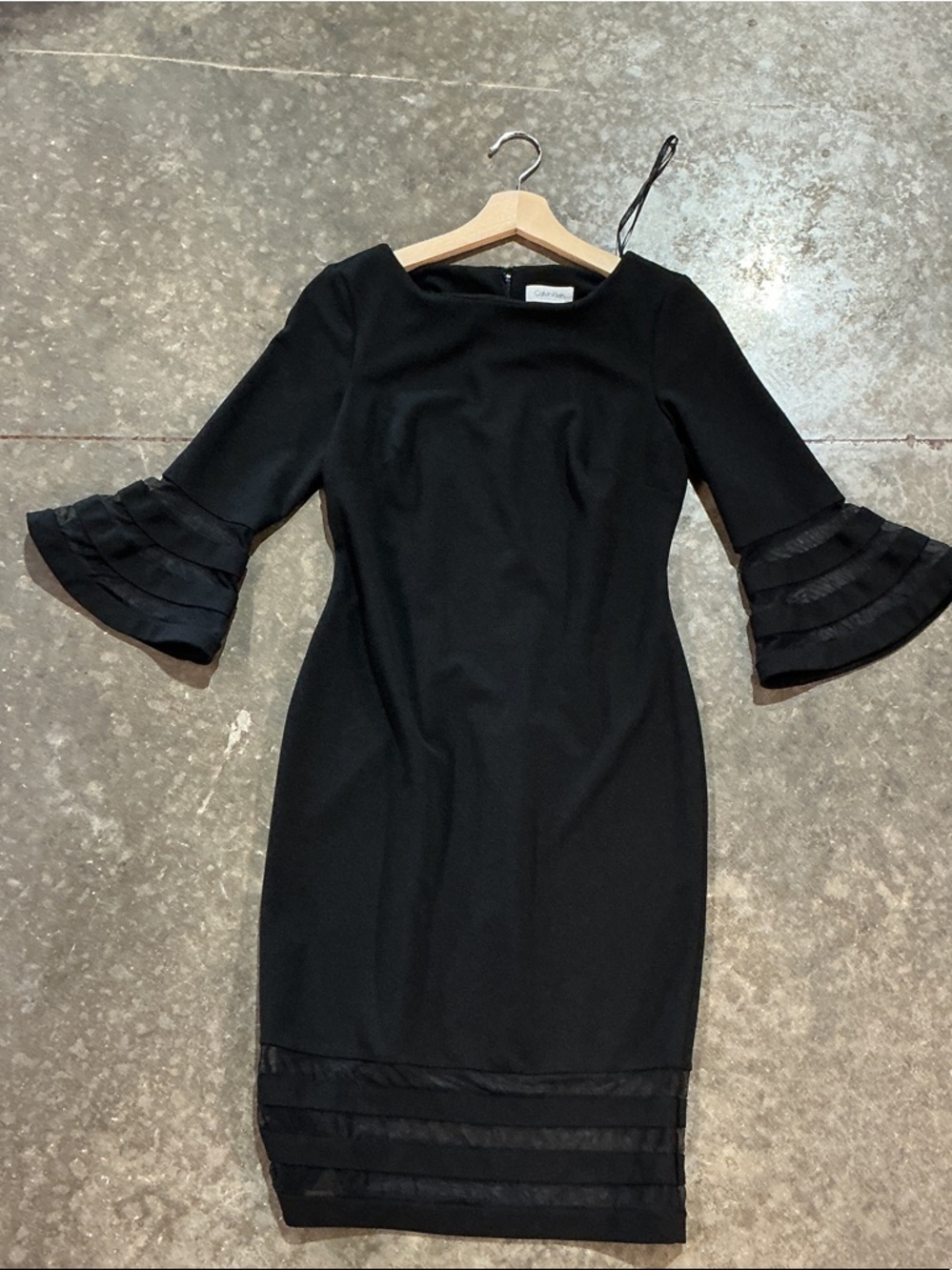 Calvin Klein Black Sheath Dress Bell Sleeve Mesh Trim Knee Length Size 4